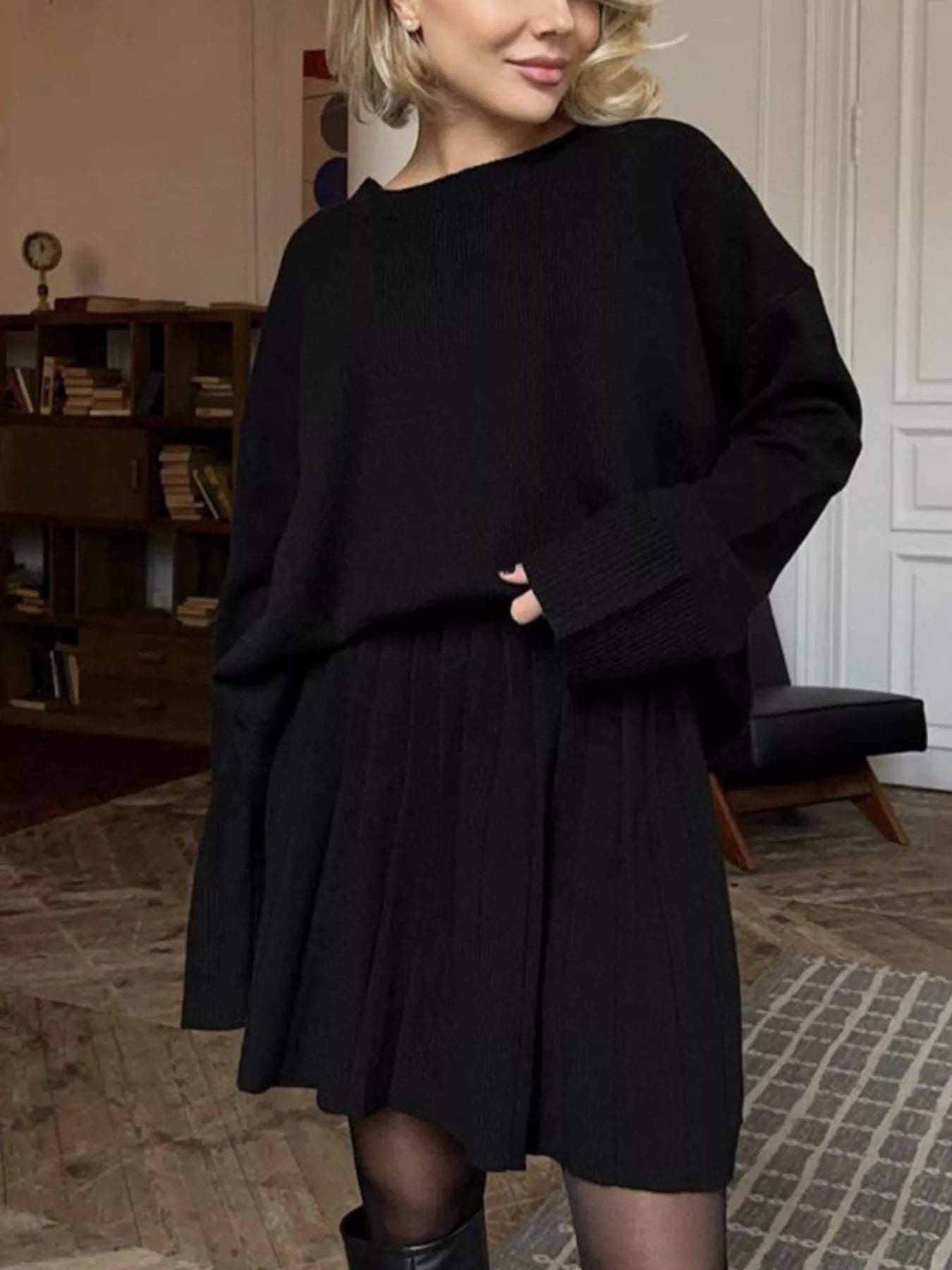 Round Neck Top and Pleated Skirt Sweater Set