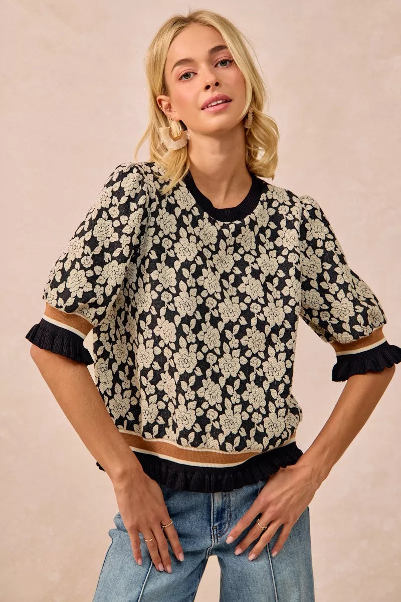 BiBi Textured Rose Knit Top Contrast Banded Puff Sleeve