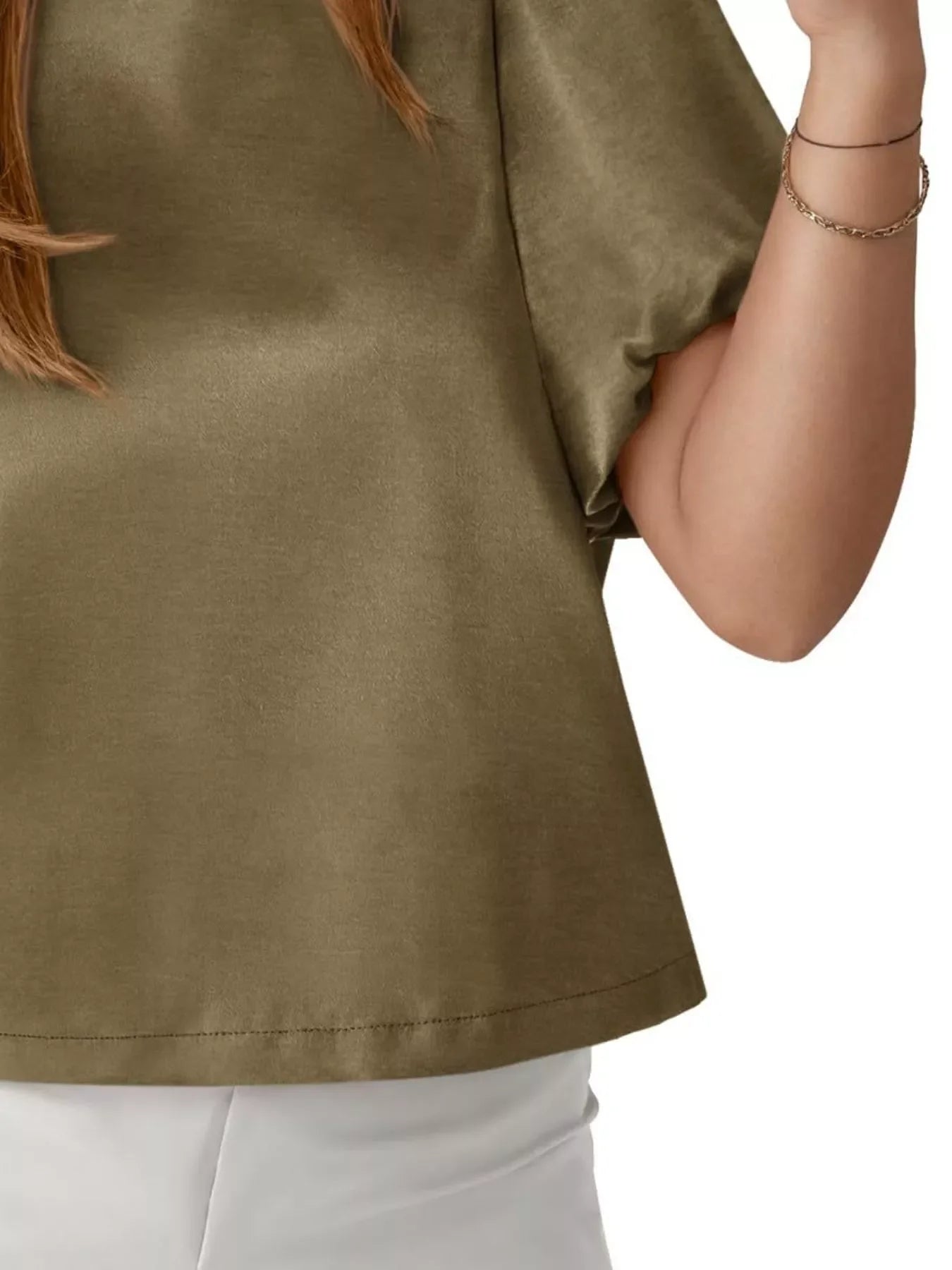 Round Neck Puff Sleeve Satin Top