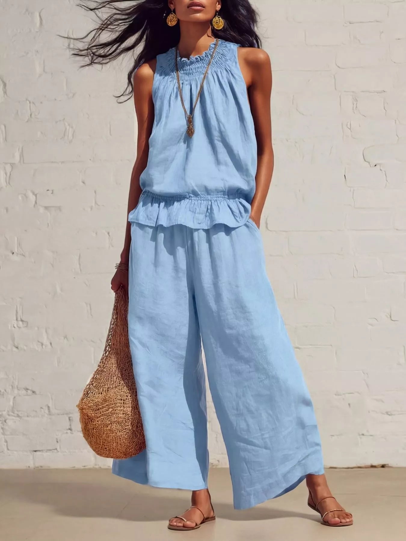 Smocked Ruffled Hem Top and Wide-Leg Pants Set