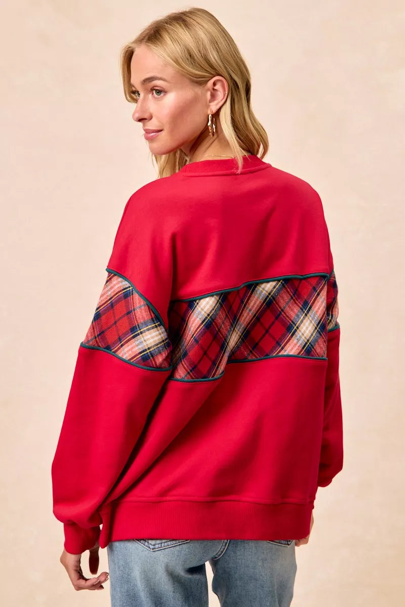 BiBi Christmas Theme Plaid Block Sweatshirt with Binding