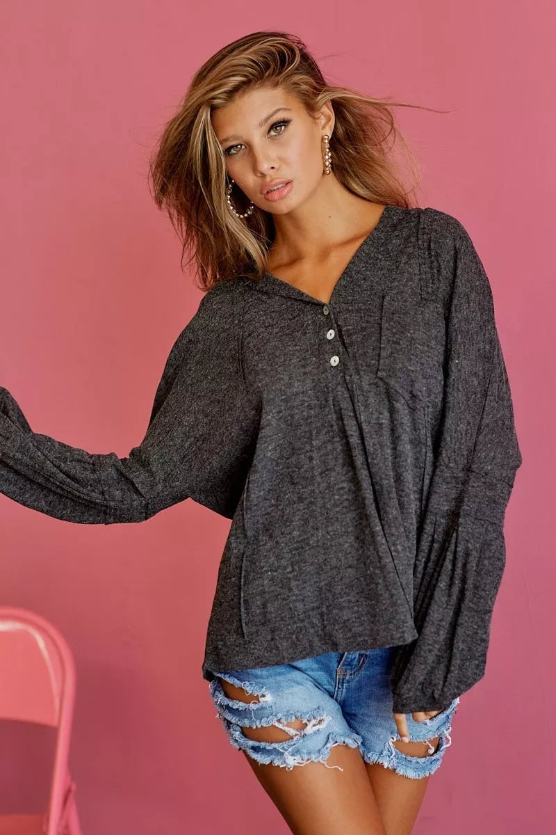 BiBi Textured Knit Hoodie with Buttoned Placket