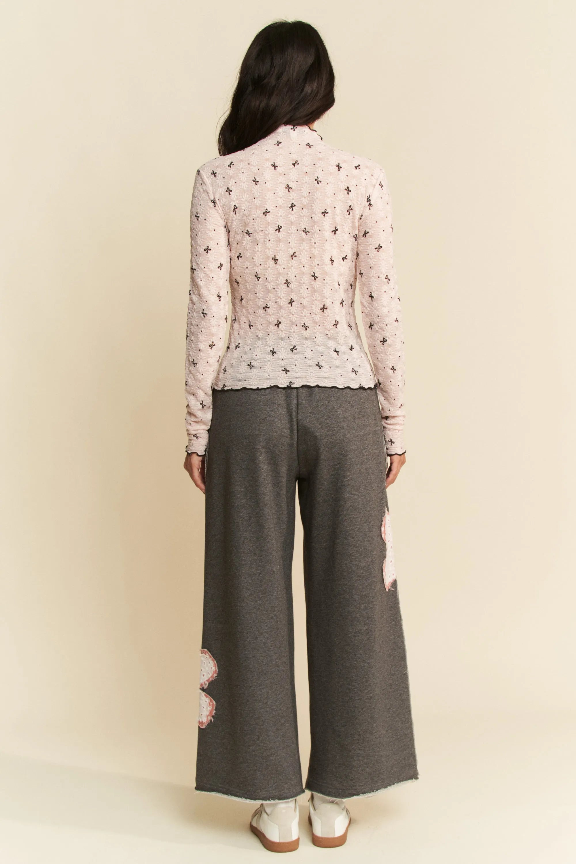 Davi & Dani Ribbon Bow Lace Hem Long Sleeve Mesh Layering Top