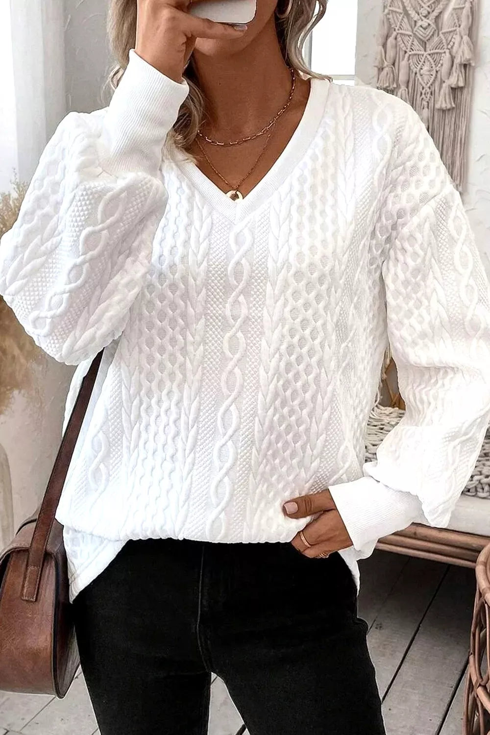 Solid Color Textured V Neck Drop Shoulder Knit Top