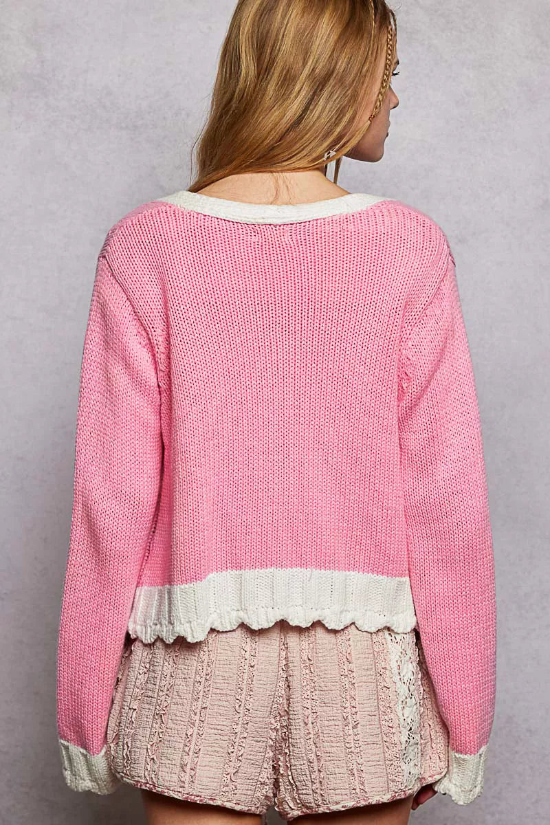 POL Button Down Cable-Knit Cardigan with Contrast Border Accents