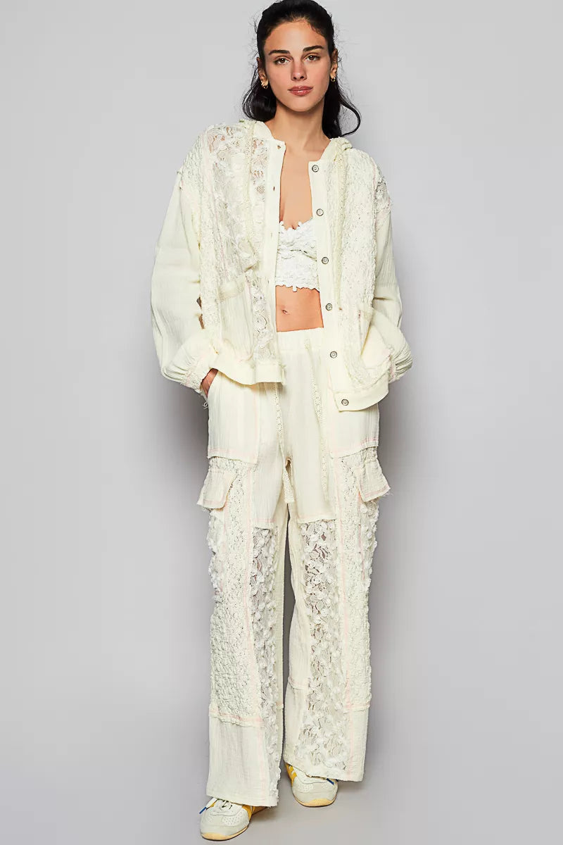 POL Exposed Seam Button Down Hooded Jacket with Lace Detail