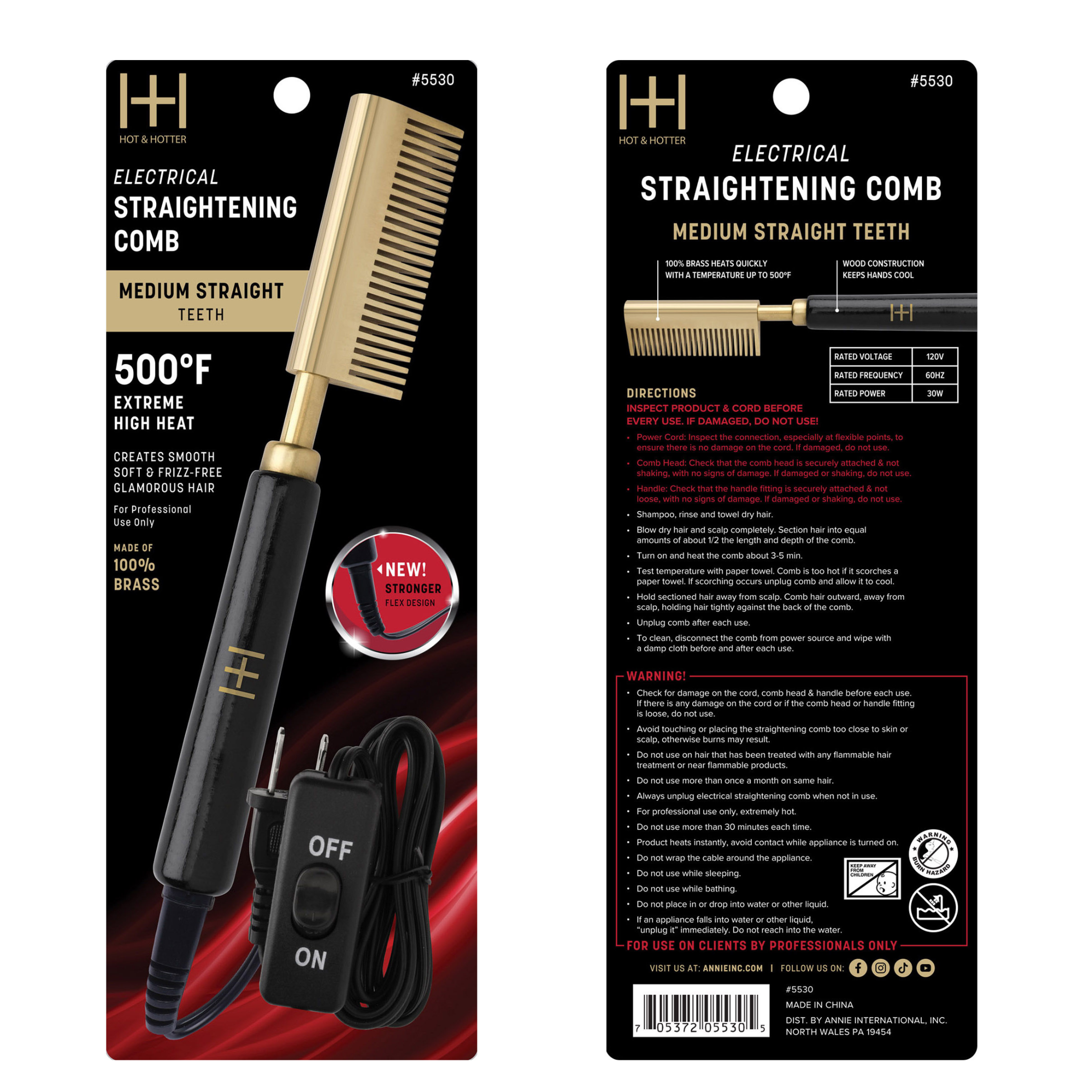 Hot & Hotter Electric Straightening Comb Medium Wide Teeth, 1 Count, Black & Gold
