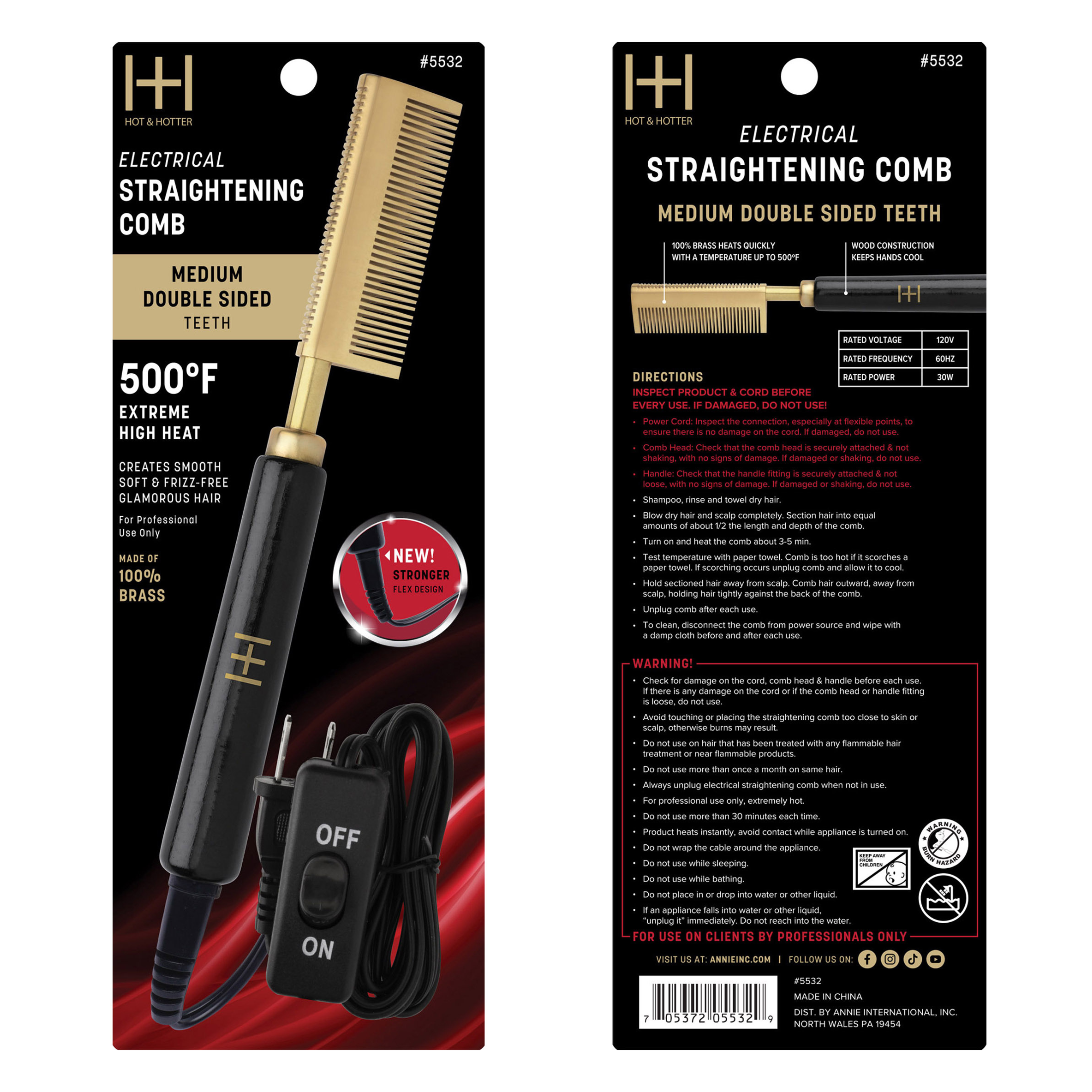 Hot & Hotter Electric Straightening Comb Medium Double Sided Teeth, 1 Count, Black & Gold
