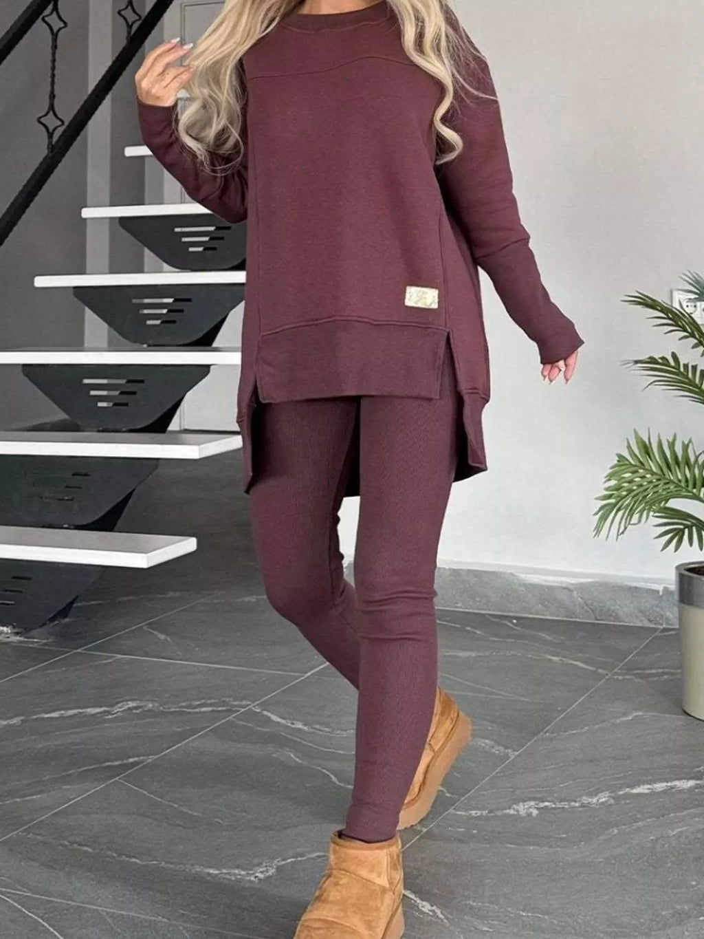 Full Size Slit Round Neck Top and Pants Set Plus Size