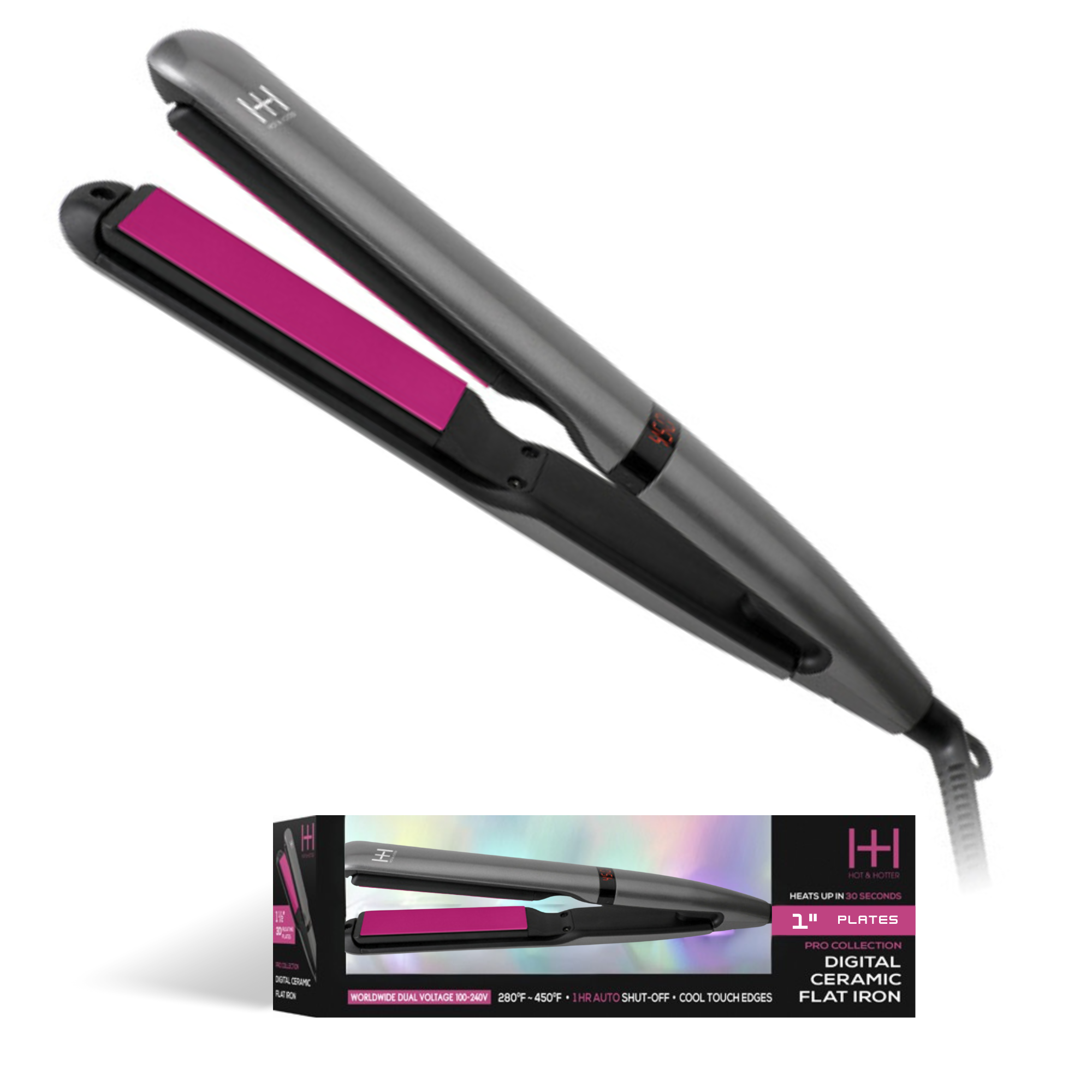 Hot & Hotter 3D Floating Plates Digital Ceramic Flat Iron 1 Inch, 1 Count, Black & Pink