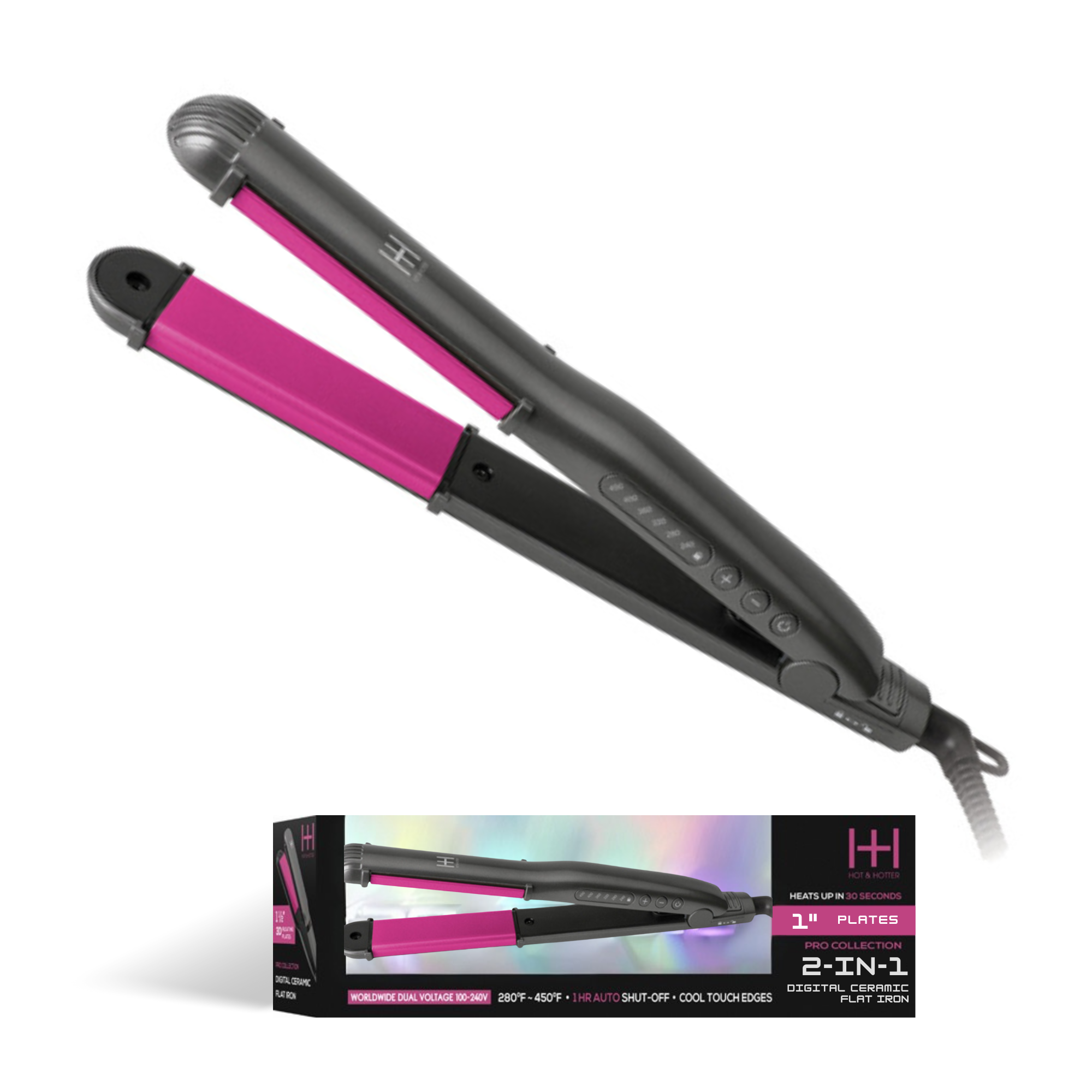 Hot & Hotter 2 in 1 Digital Ceramic Flat Iron 1 Inch, 1 Count, Black & Pink