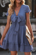 Tie-Front Mini Dress with Smocked Waist