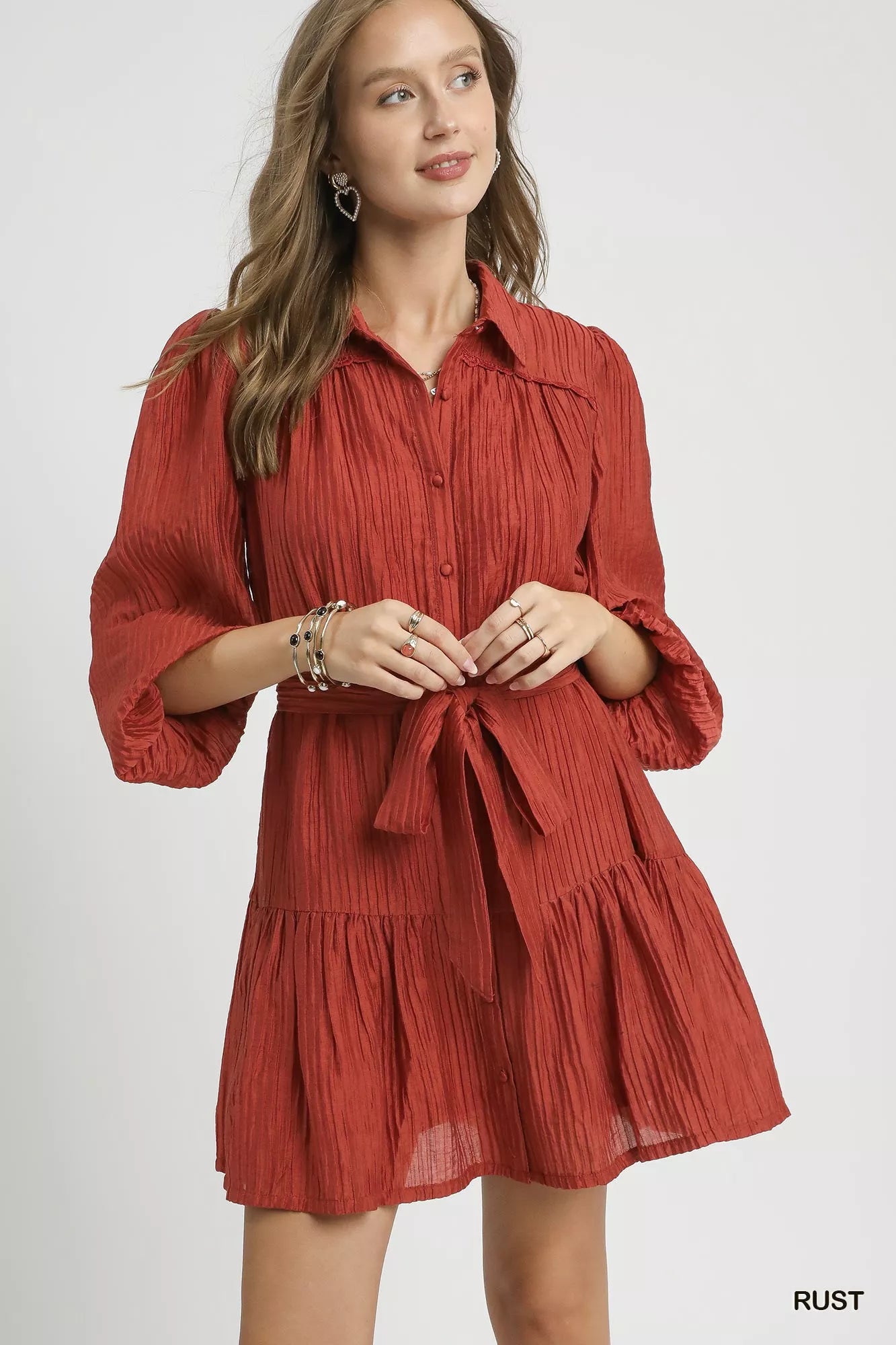 Umgee Crinkle Button-Front Tiered Mini Dress with Waist Tie