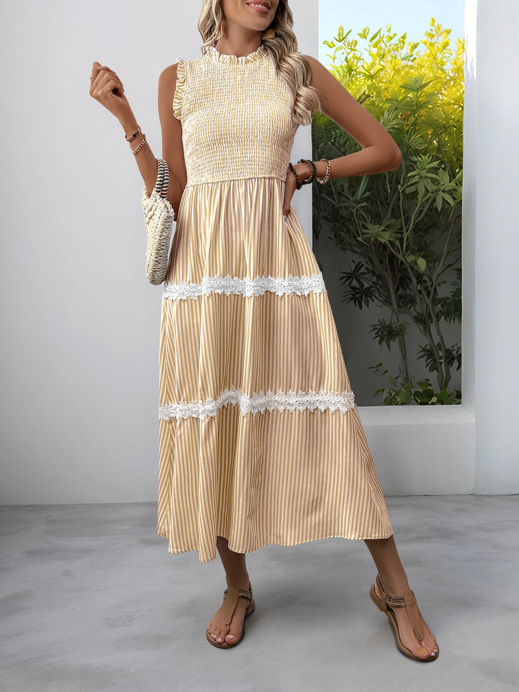Striped Smocked Sleeveless Tiered Midi Dress