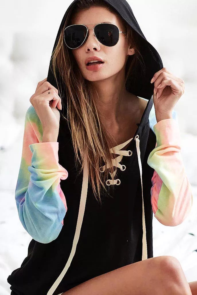 BiBi French Terry Lace Up Hoodie With Tie Dye Sleeves