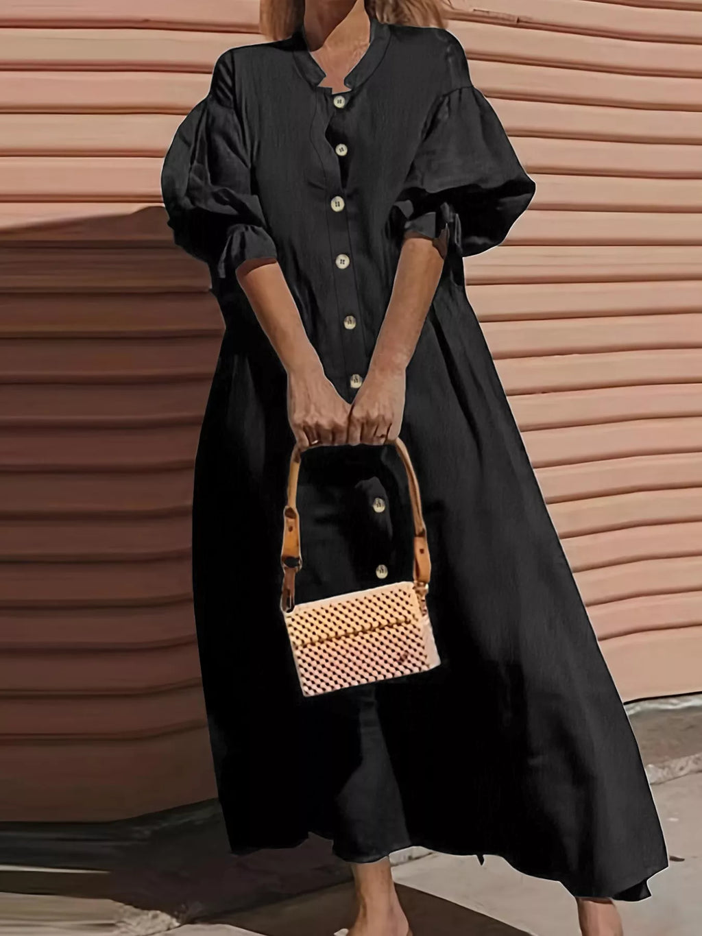 Plus Size Button Front Puff Sleeve Shirt Dress