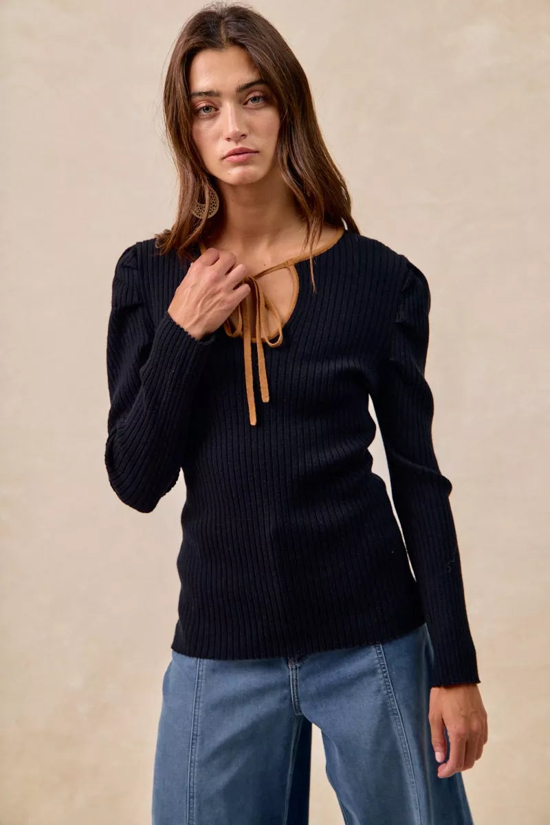 BiBi Ribbed Contrast Front Tied Top with Shrried
