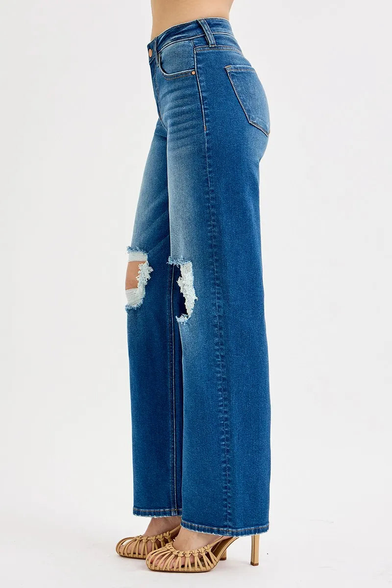 RISEN Full Size Mid Waist Fit Boyfriend Knee Distressed Jeans Plus Size