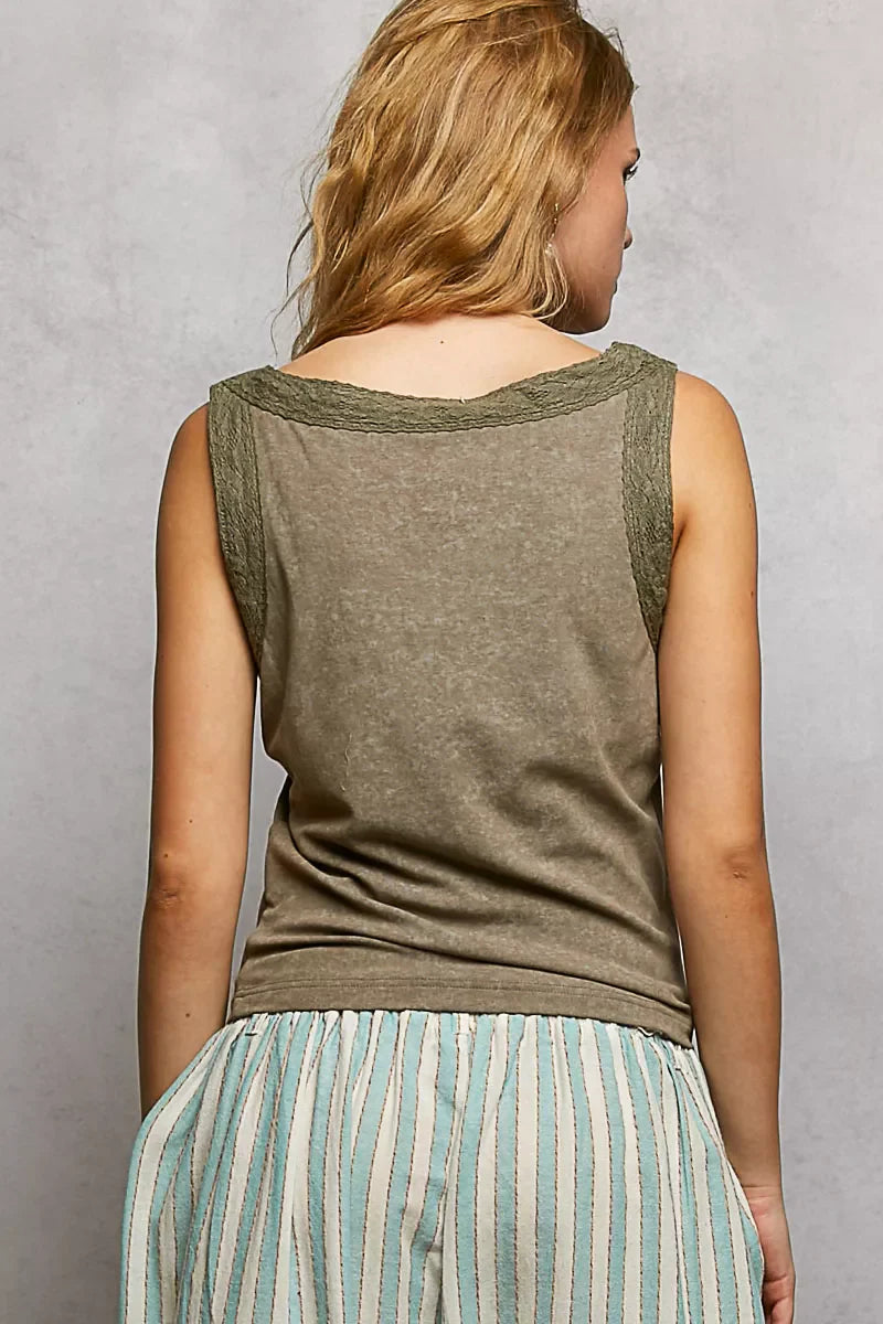 POL Washed Floral Stud Round Neck Slim Tank