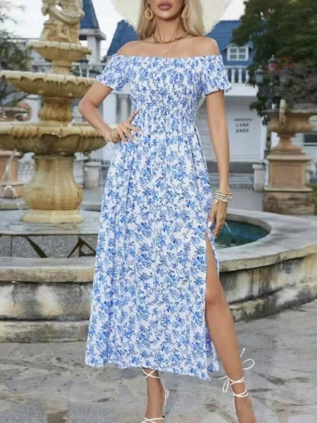 Full Size Slit Off-Shoulder Floral Midi Dress Plus Size