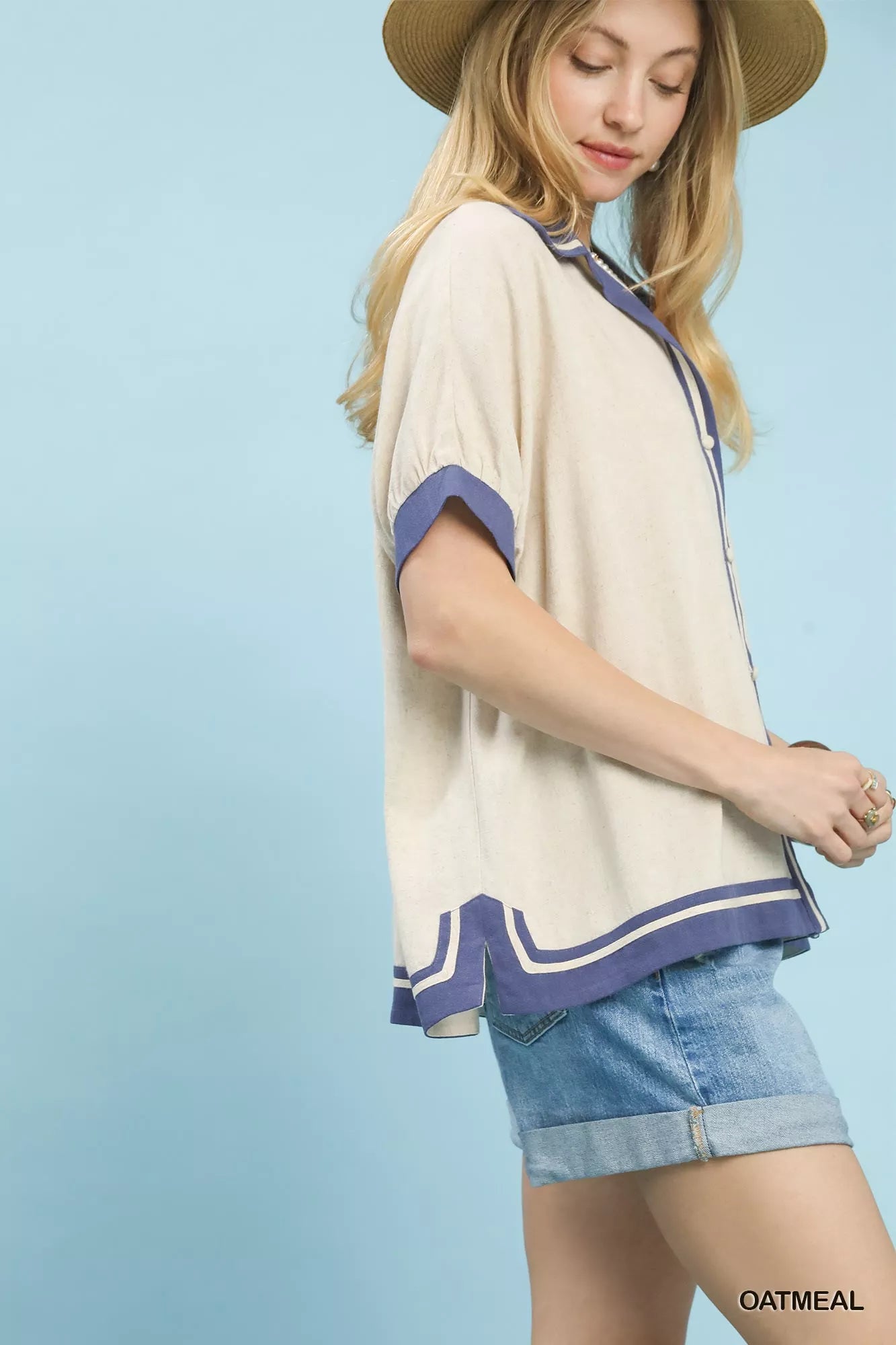Umgee Linen Button Front Top with Contrast Piping