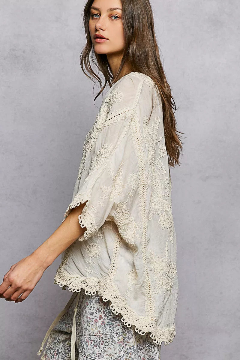 POL Floral Embroidered Top with Trim Edge