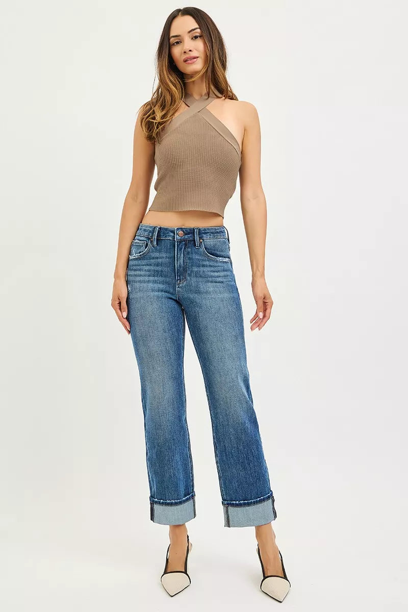 RISEN Full Size 4 Way Stretch Slouchy Straight Jeans with Cuffed Hem Plus Size