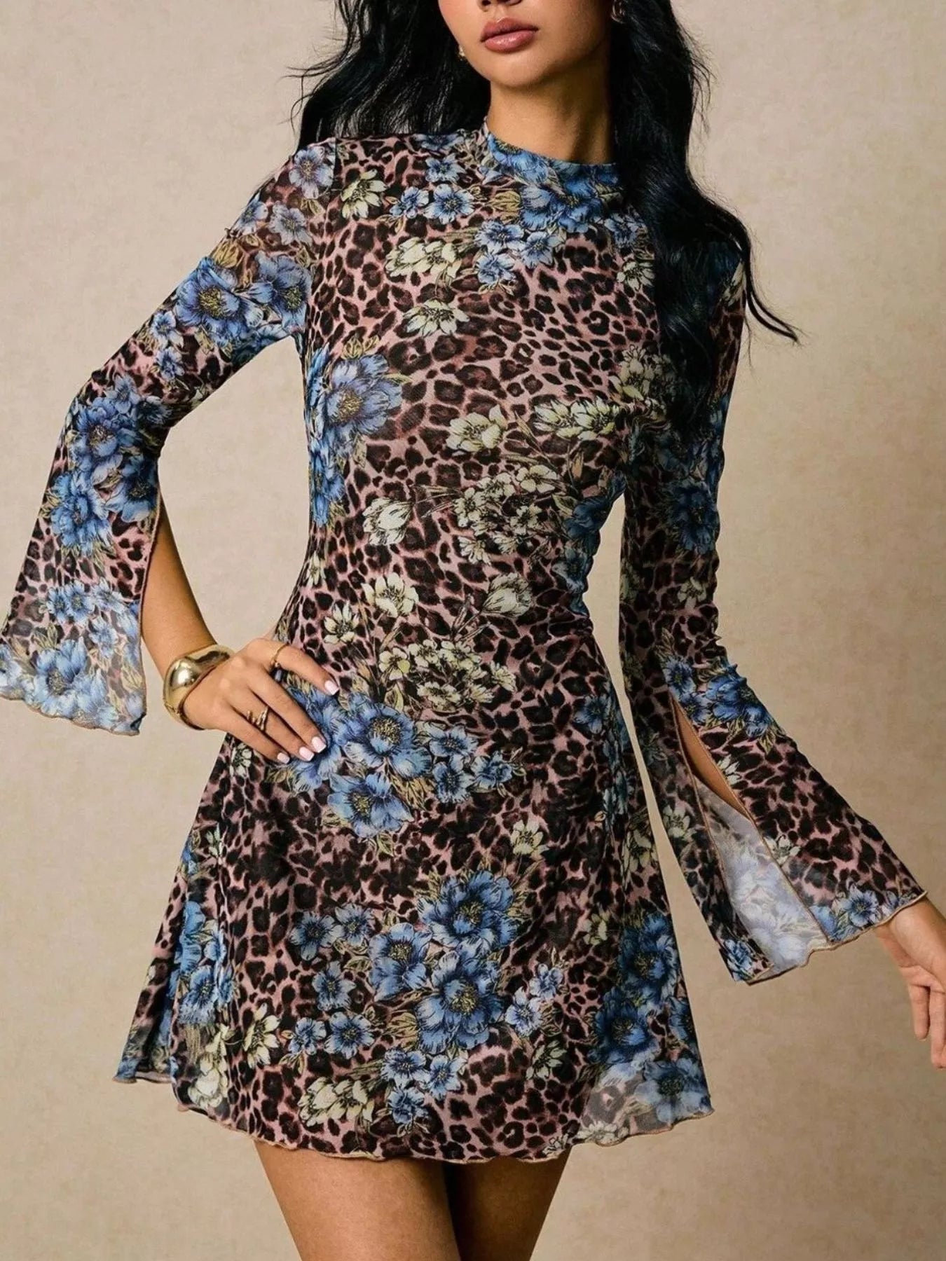 Floral Leopard Print Slit Sleeve Mini Dress