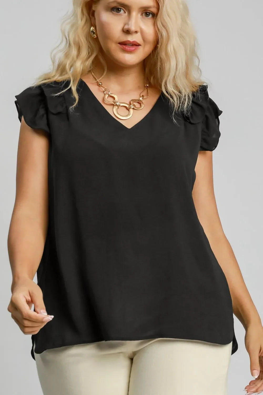 Umgee Full Size V-Neck Double Layered Ruffle Sleeve Blouse Plus Size