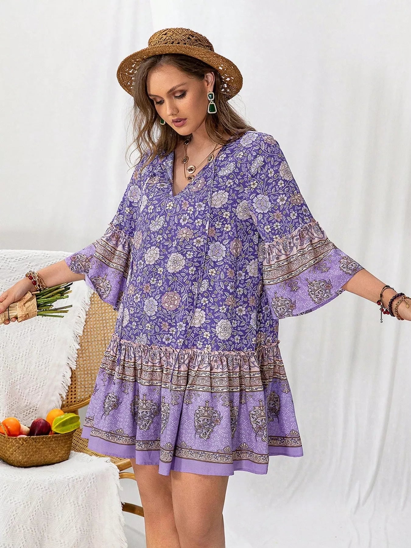 Plus Size Floral Print Ruffle Hem Mini Dress