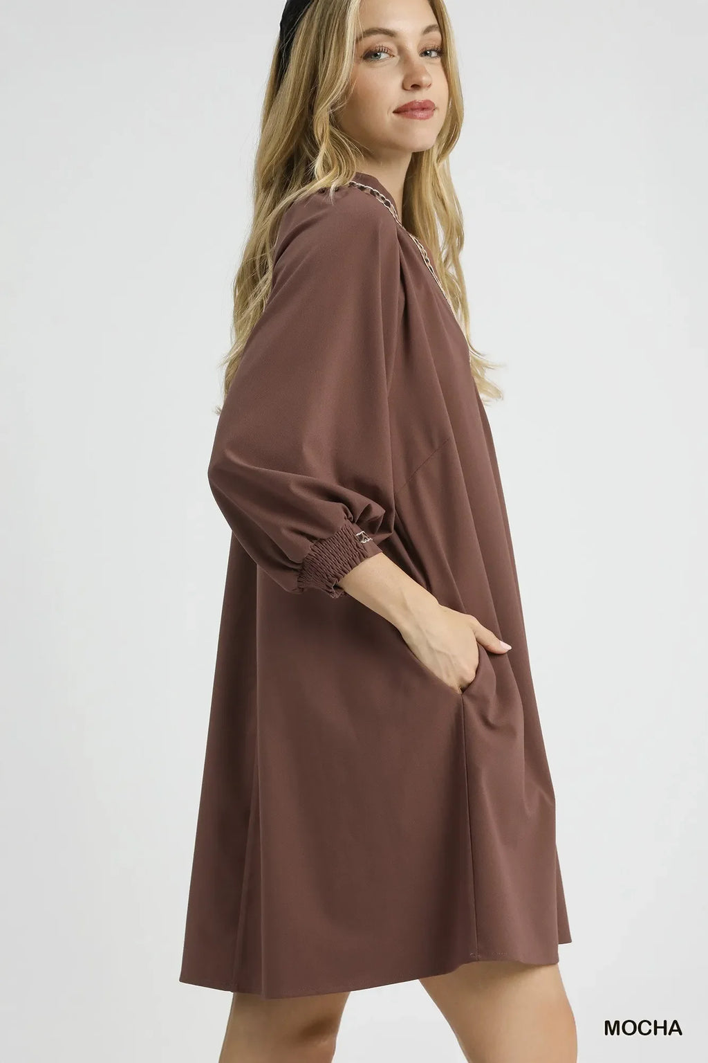 Umgee Notched Shift Dress with Trim Detail