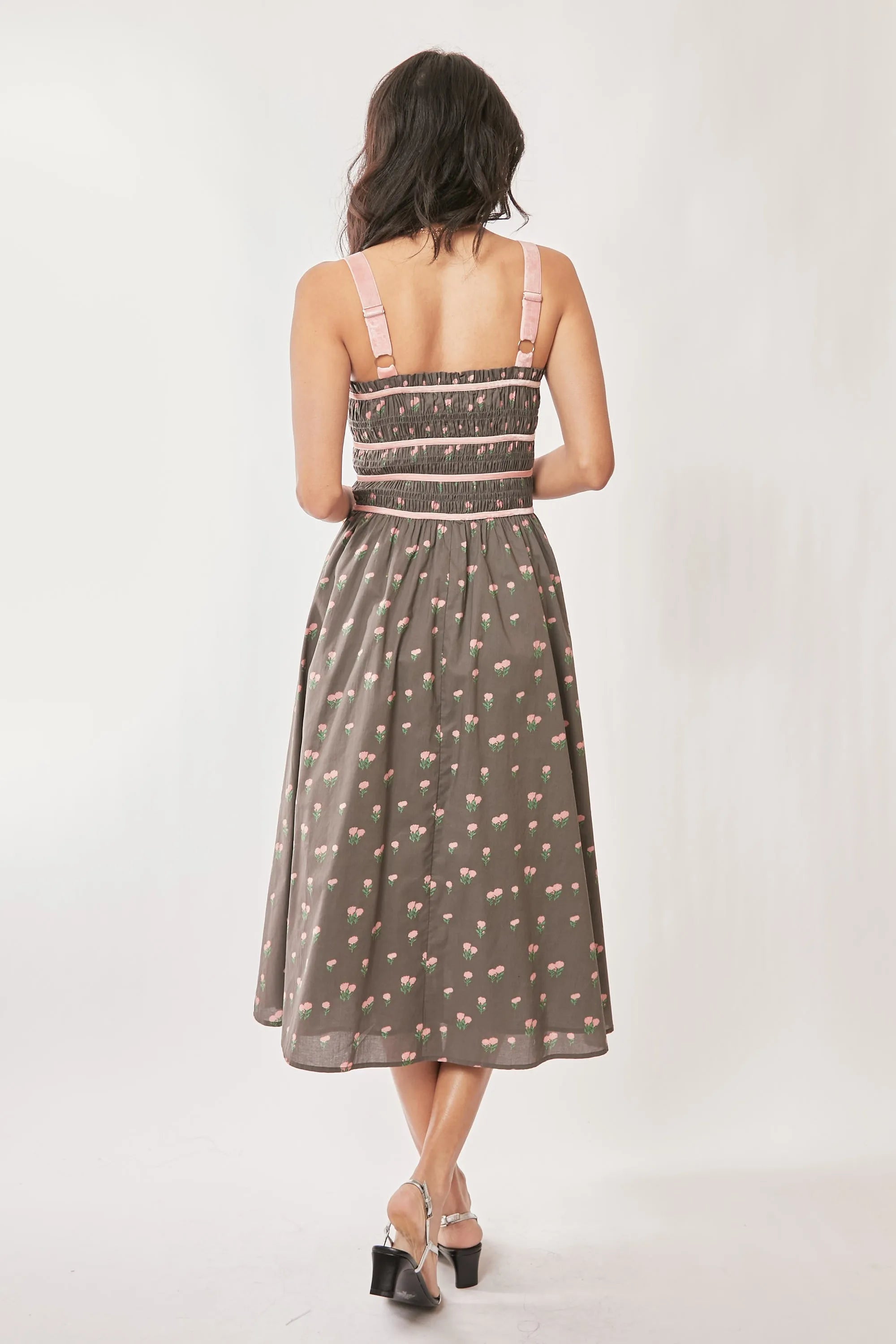 Davi & Dani Contrast Velvet Tape Smocking Bodice Midi Dress