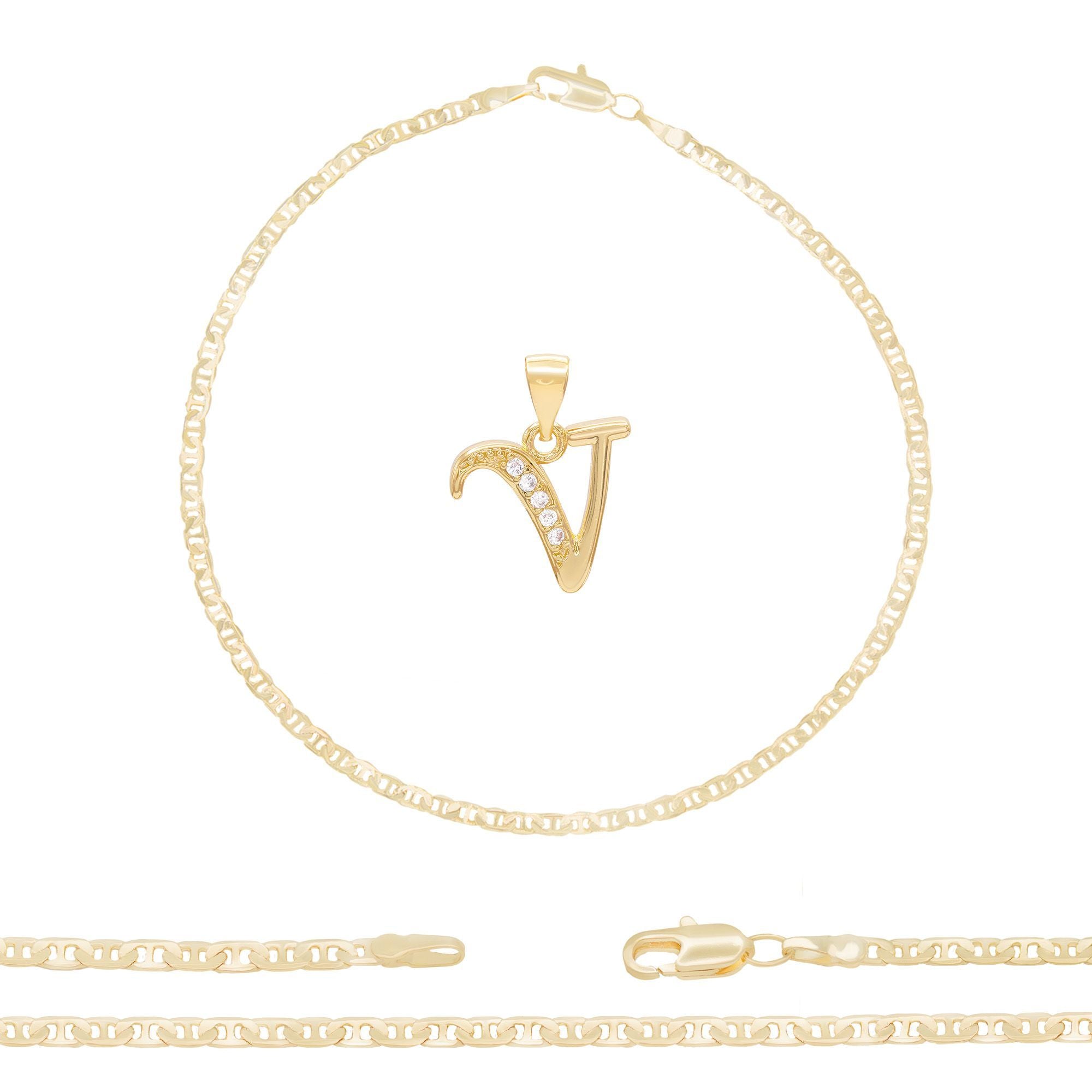 A-Z Initial Letter Pendant 14K Gold Filled Cubic Zirconia Mariner Chain Anklet 10" Set 3 mm  Women Jewelry