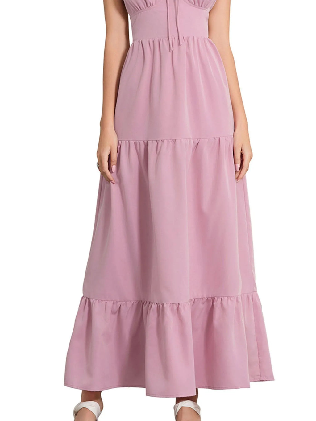 Tiered Lace Up Spaghetti Straps Maxi Dress