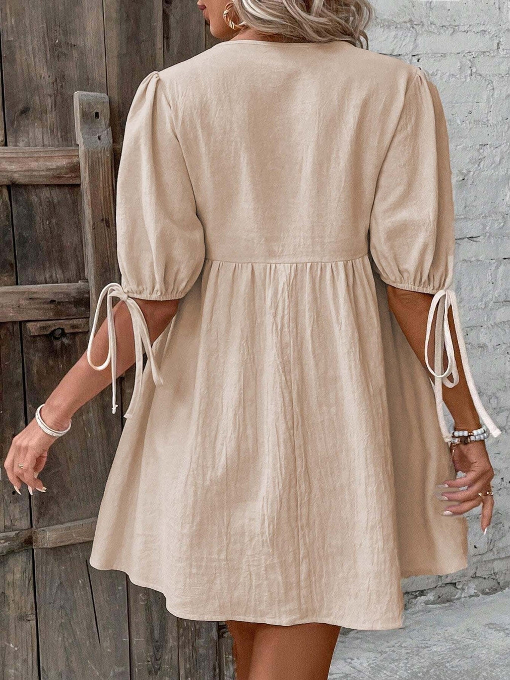 Tie Front Puff Sleeve Mini Dress