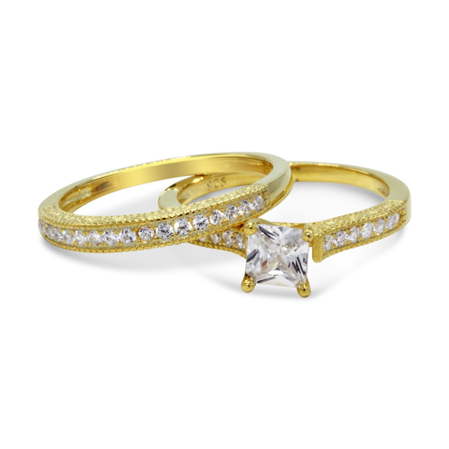 CZ 5mm Center Stone Sterling Silver Gold Plated Crossover Halo Wedding, Engagement Ring Set Size 8