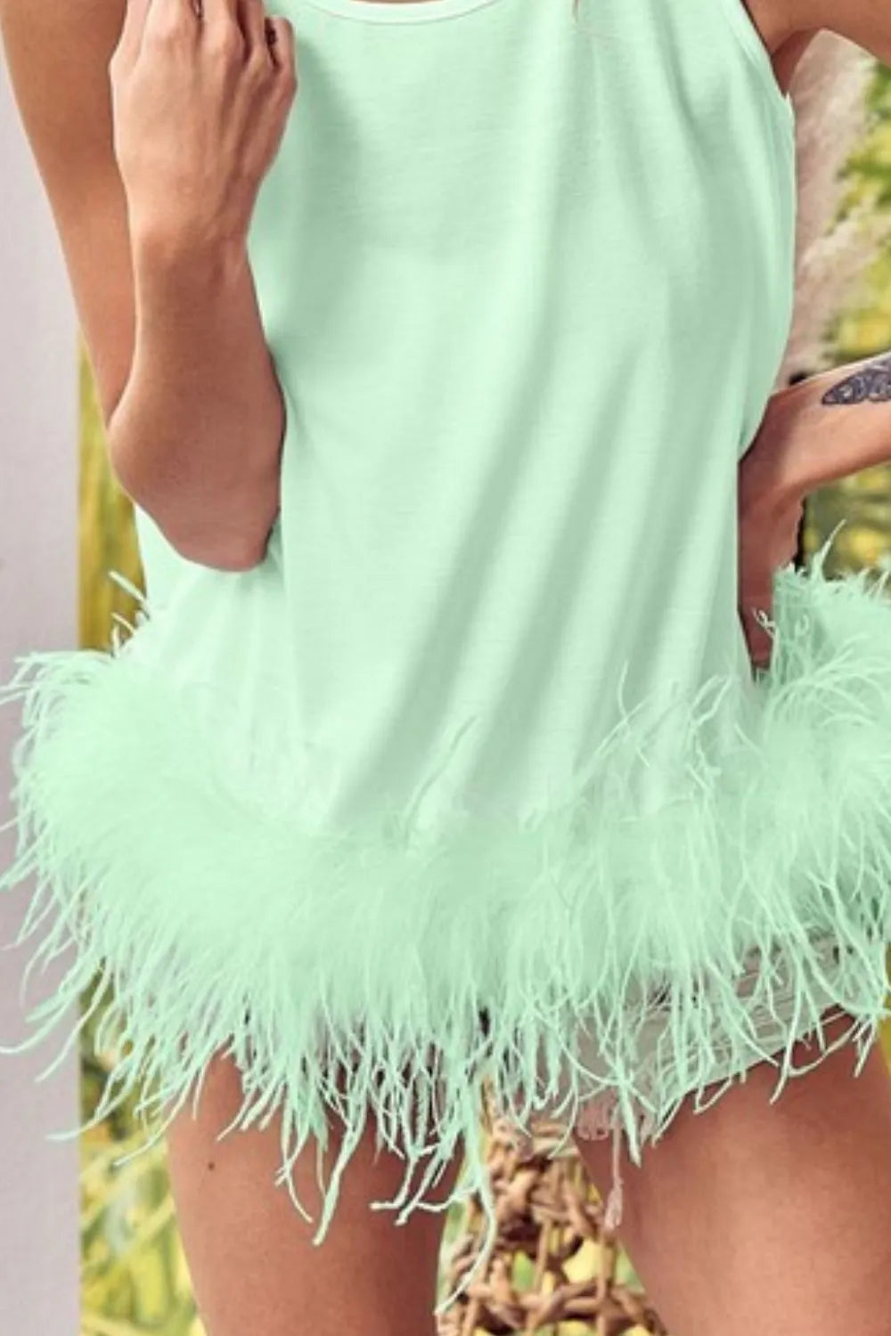 BiBi French Terry Faux Feather Bottom Back Tied Top