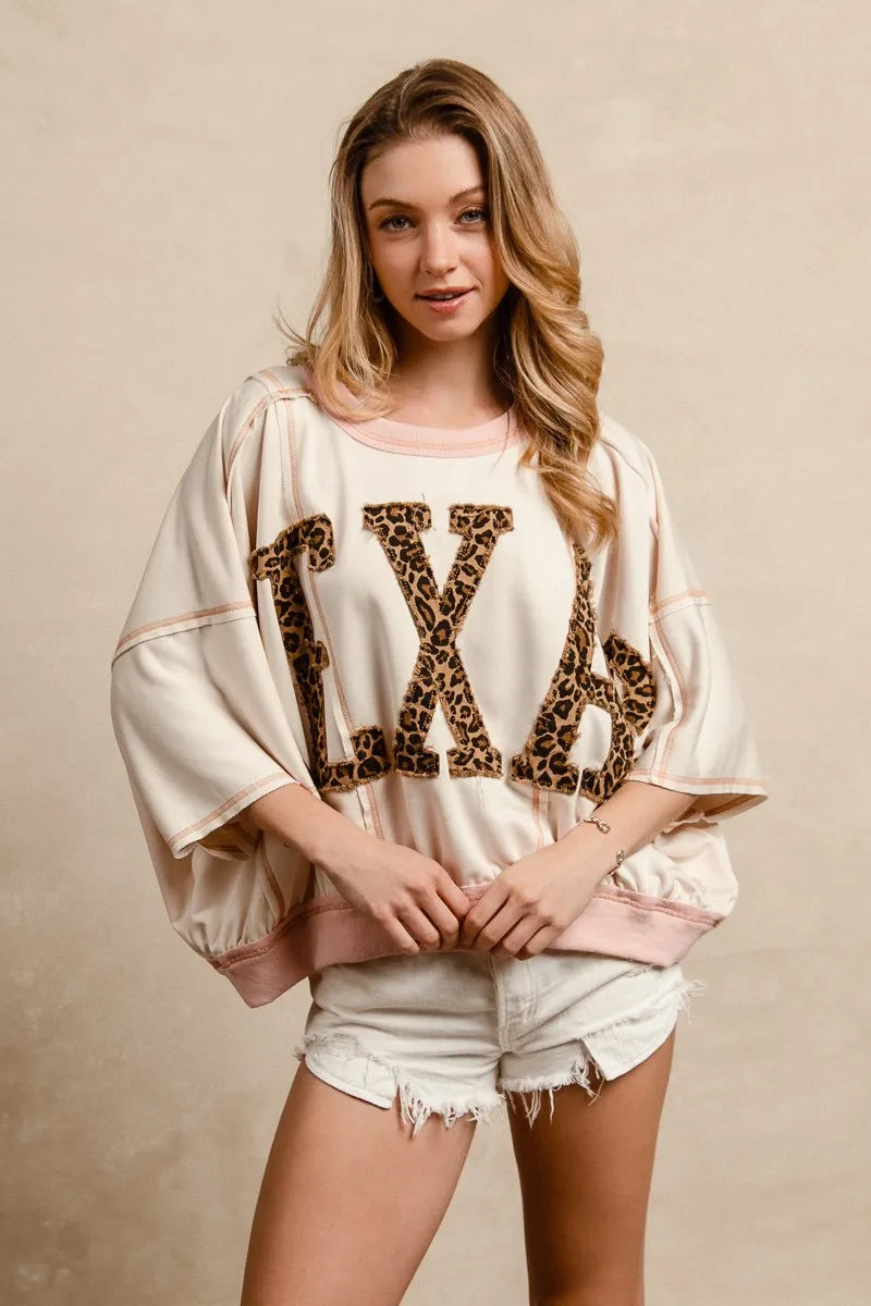 BiBi Leopard Print Texas Patchwork Overlock Stitch Top