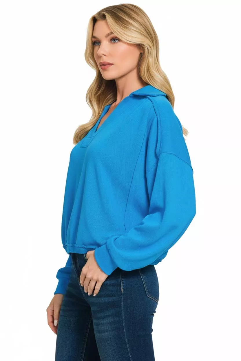 Zenana French Terry Collared Exposed Seam Sweatshirt
