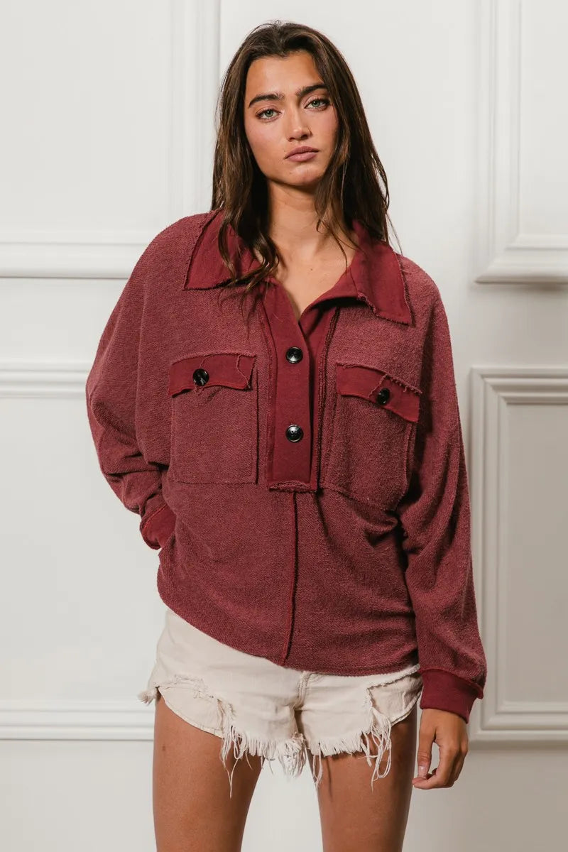 BiBi Cp French Terry Cut Edge Detail Collared Top