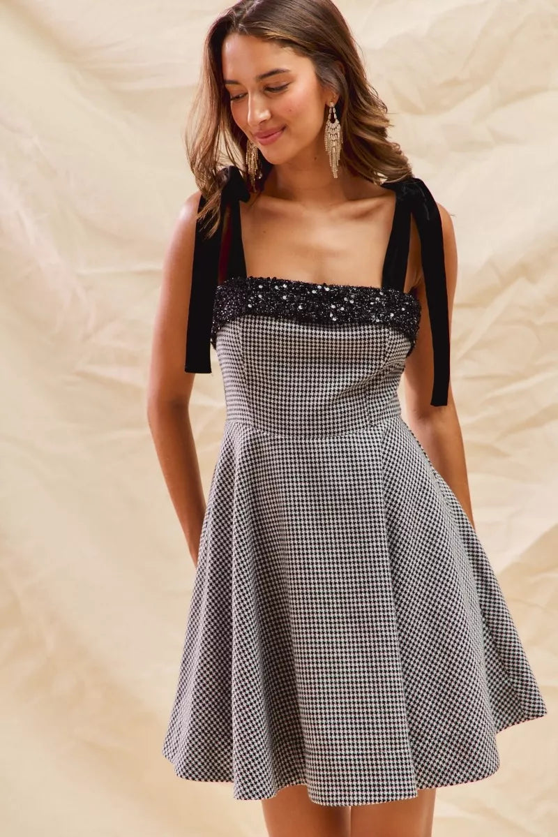 SO ME Houndstooth Fit Flare Mini Dress with Shoulder Tie