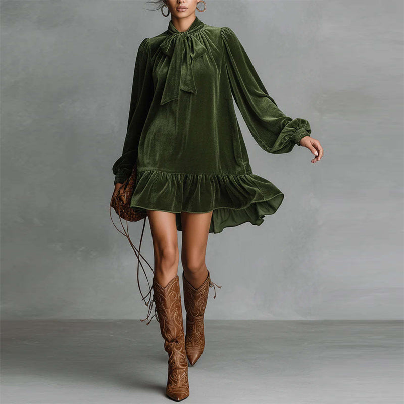 Women’s Bow-Tie Puff Sleeve Dress – Elegant Asymmetric Ruffle Hem Short Dress