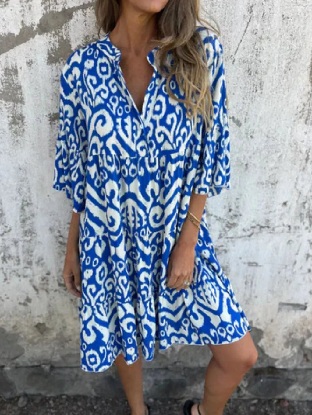Full Size Printed Notched Half Sleeve Dress Plus Size