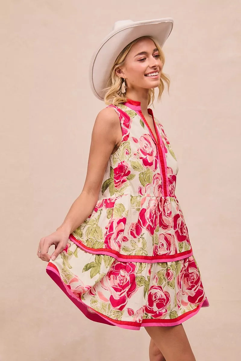 BiBi Floral Woven Contrast Edge Tiered Ruffle Mini Dress