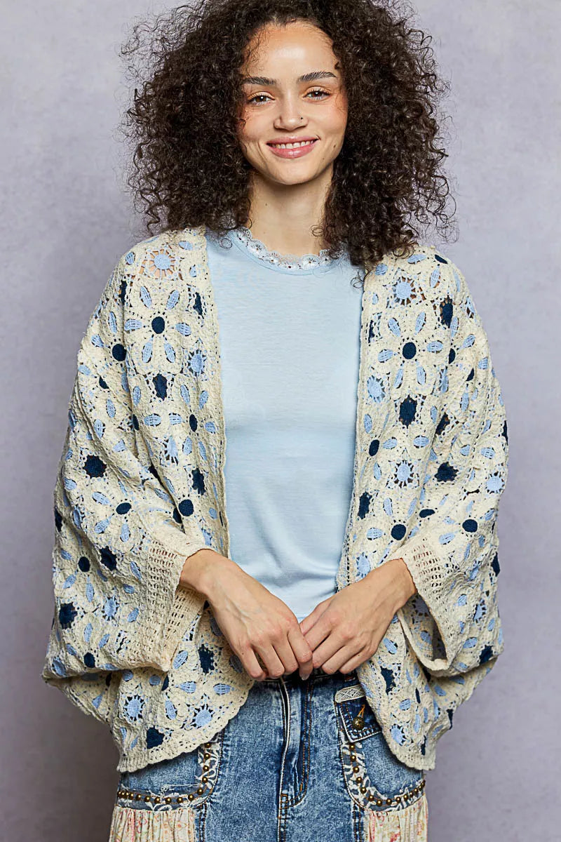 POL Open Front Floral Pattern Crochet Cardigan