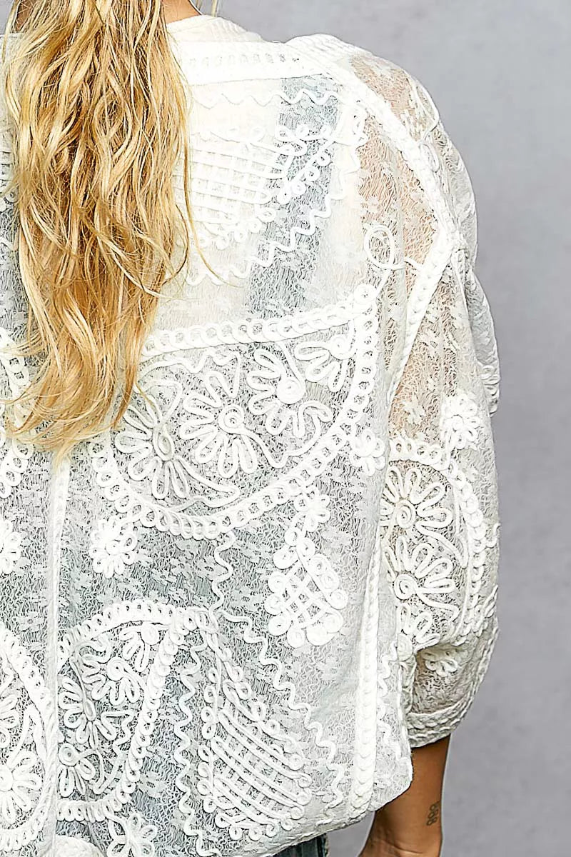 POL Open Front Crochet Cardigan with Floral Embroidery