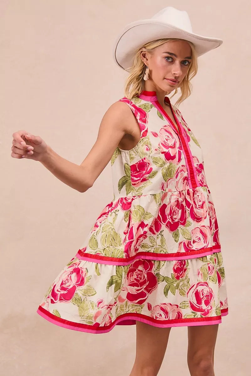 BiBi Floral Woven Contrast Edge Tiered Ruffle Mini Dress