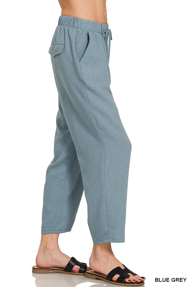 Zenana Woven Crepe Elastic Band Waist Pants