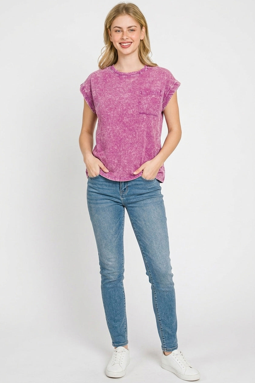 Zenana Full Size Crinkle Washed Round Neck Folded Short Sleeve Tee Plus Size
