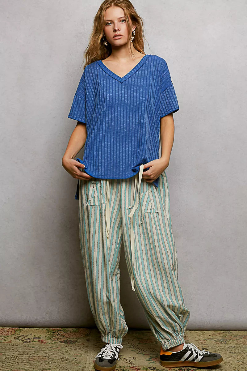 POL Ribbed Knit V-Neck Short Sleeve T-Shirt with Side Slit